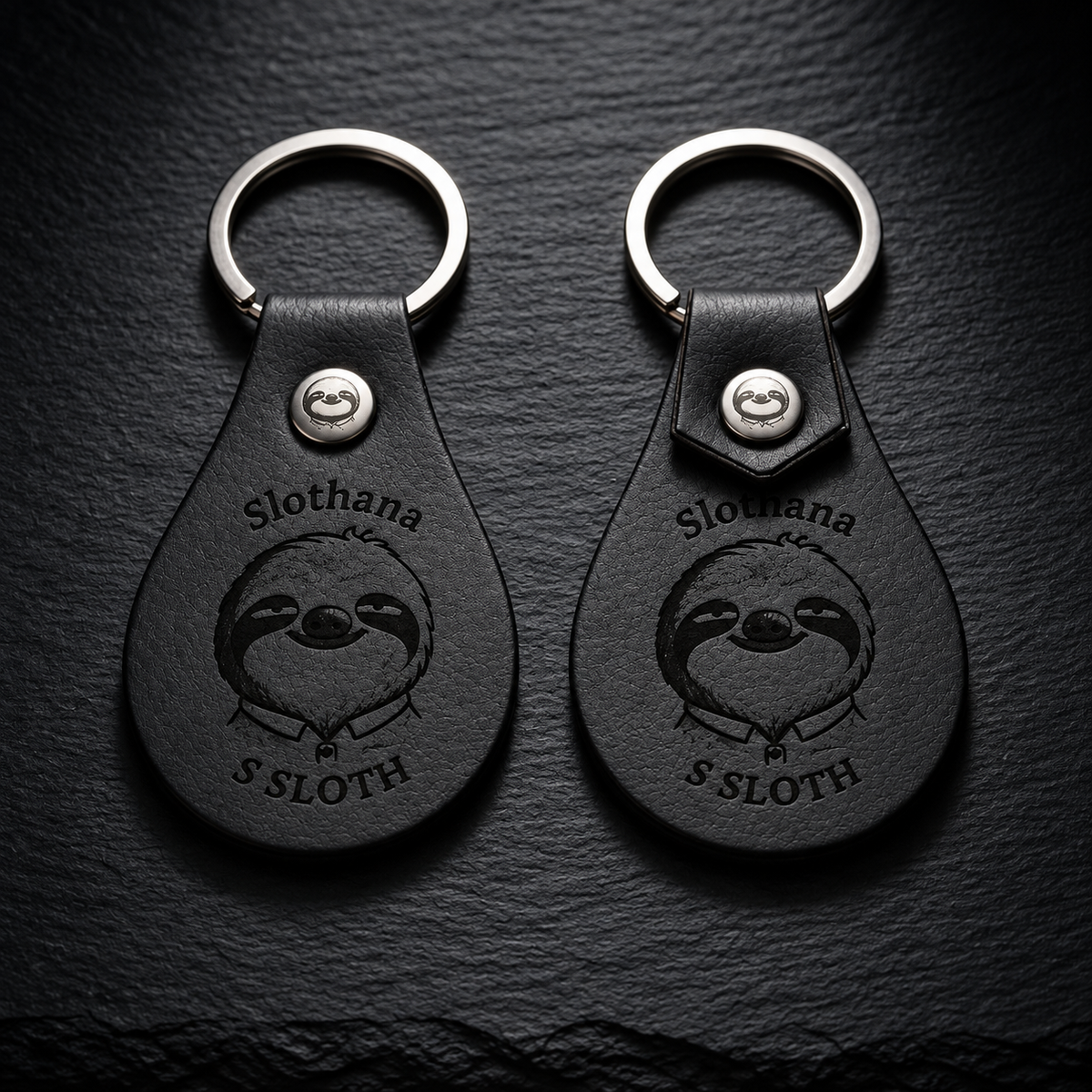 Schlüsselanhänger aus PU-Kunstleder – 53 × 32 mm – schwarz – Slothana-Motiv Classic Sloth – graviert