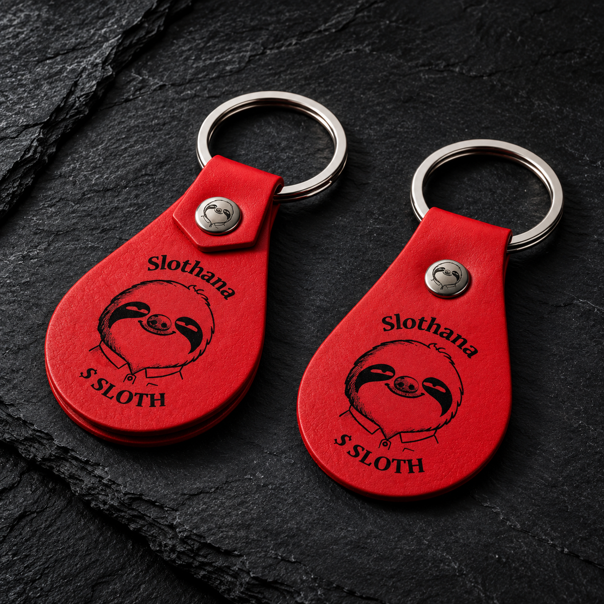 Schlüsselanhänger aus PU-Kunstleder – 53 × 32 mm – rot – Slothana-Motiv Classic Sloth – graviert
