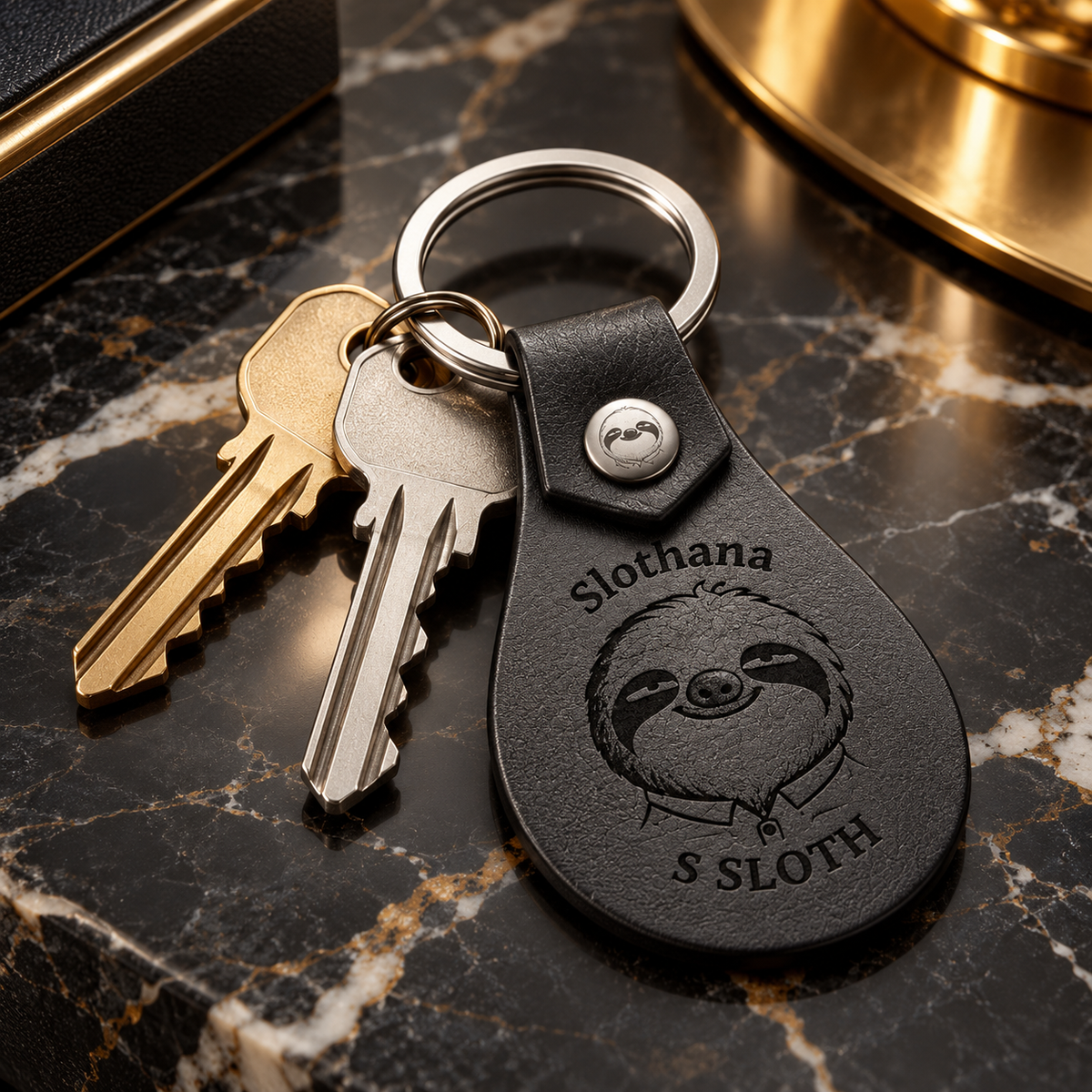 Schlüsselanhänger aus PU-Kunstleder – 53 × 32 mm – Slothana-Motiv Classic Sloth – graviert