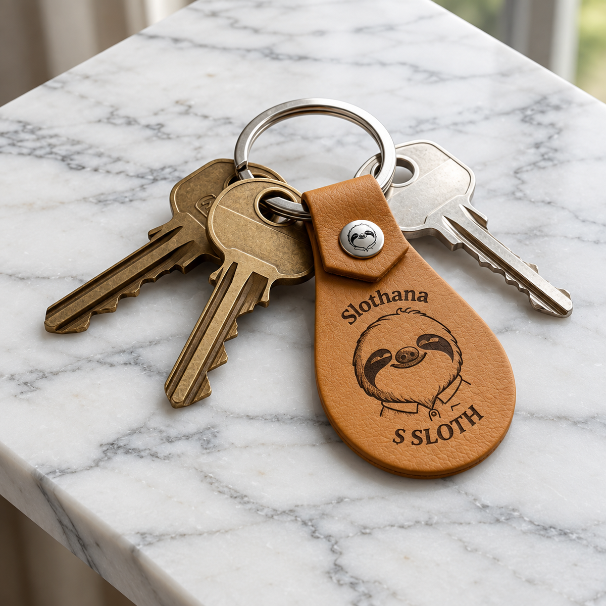 Schlüsselanhänger aus PU-Kunstleder – 53 × 32 mm – Slothana-Motiv Classic Sloth – graviert