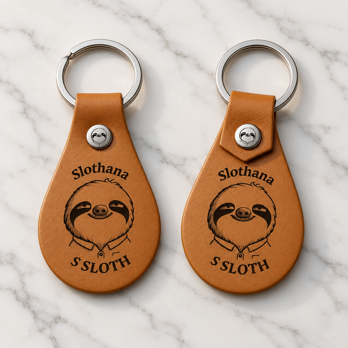 Schlüsselanhänger aus PU-Kunstleder – 53 × 32 mm – Slothana-Motiv Classic Sloth – graviert