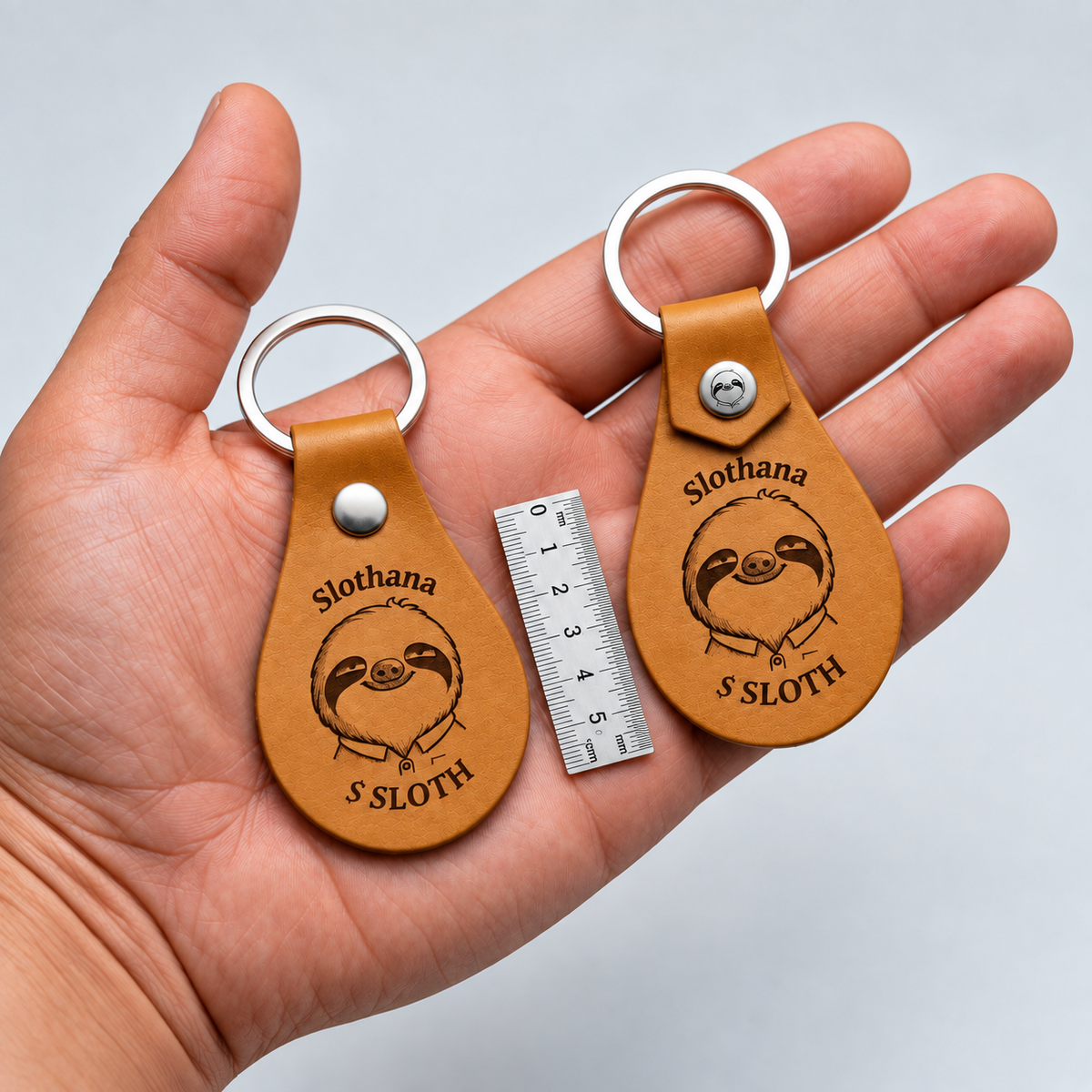 Schlüsselanhänger aus PU-Kunstleder – 53 × 32 mm – Slothana-Motiv Classic Sloth – graviert