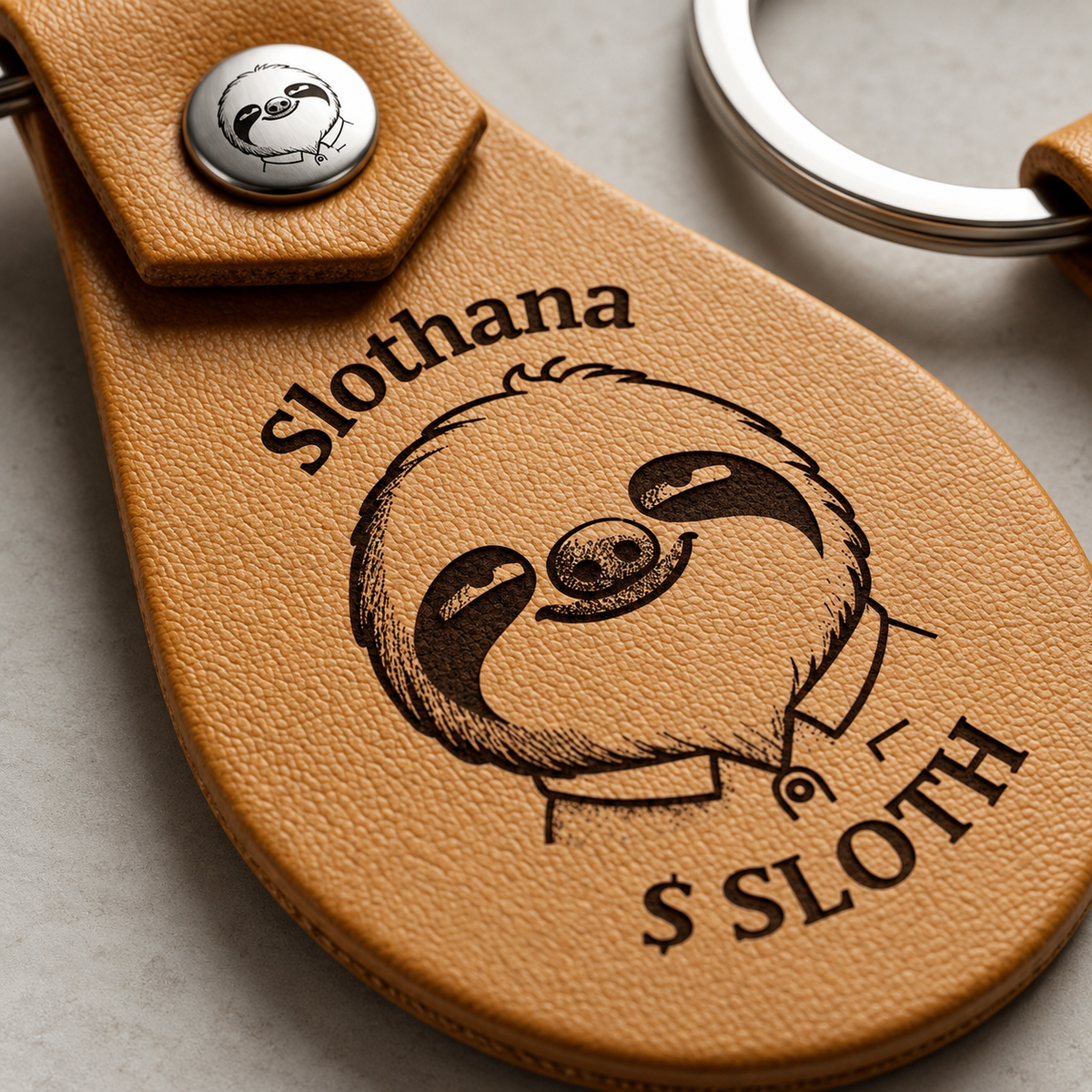 Schlüsselanhänger aus PU-Kunstleder – 53 × 32 mm – Slothana-Motiv Classic Sloth – graviert