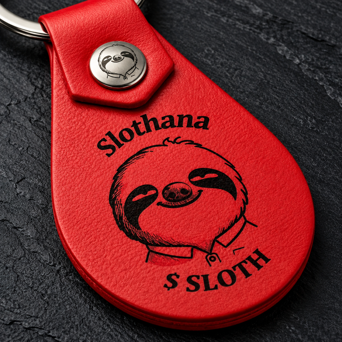 Schlüsselanhänger aus PU-Kunstleder – 53 × 32 mm – Slothana-Motiv Classic Sloth – graviert