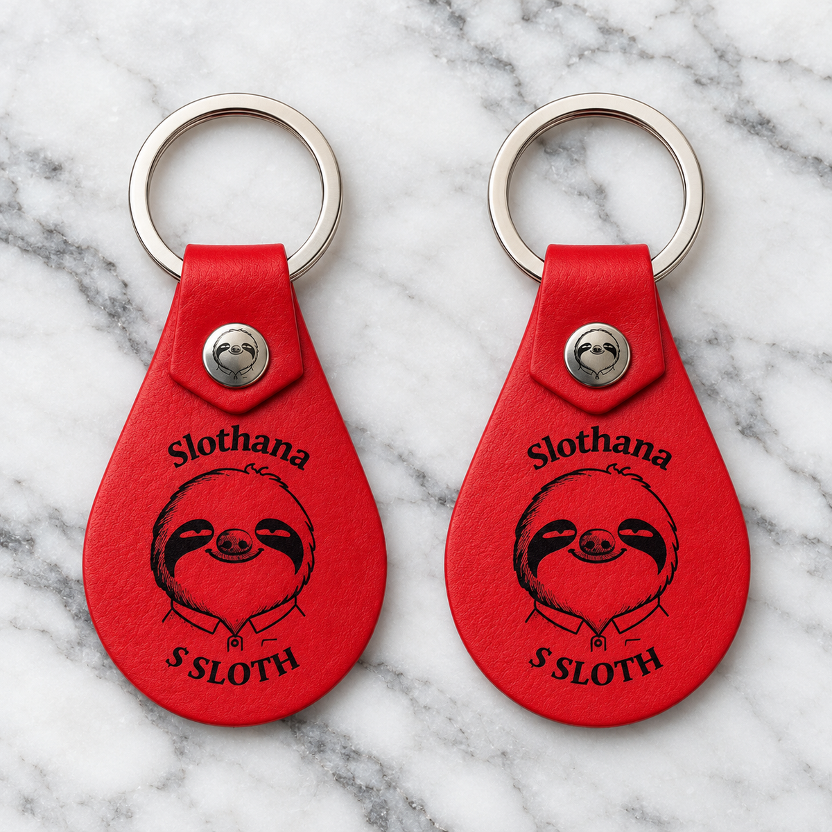 Schlüsselanhänger aus PU-Kunstleder – 53 × 32 mm – Slothana-Motiv Classic Sloth – graviert