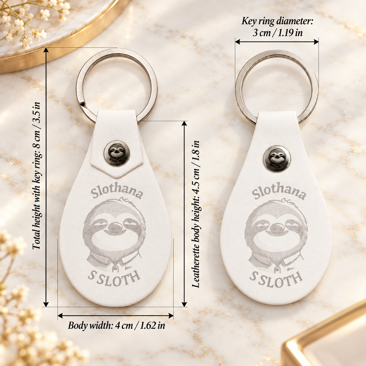 Schlüsselanhänger aus PU-Kunstleder – 53 × 32 mm – Slothana-Motiv Classic Sloth – graviert