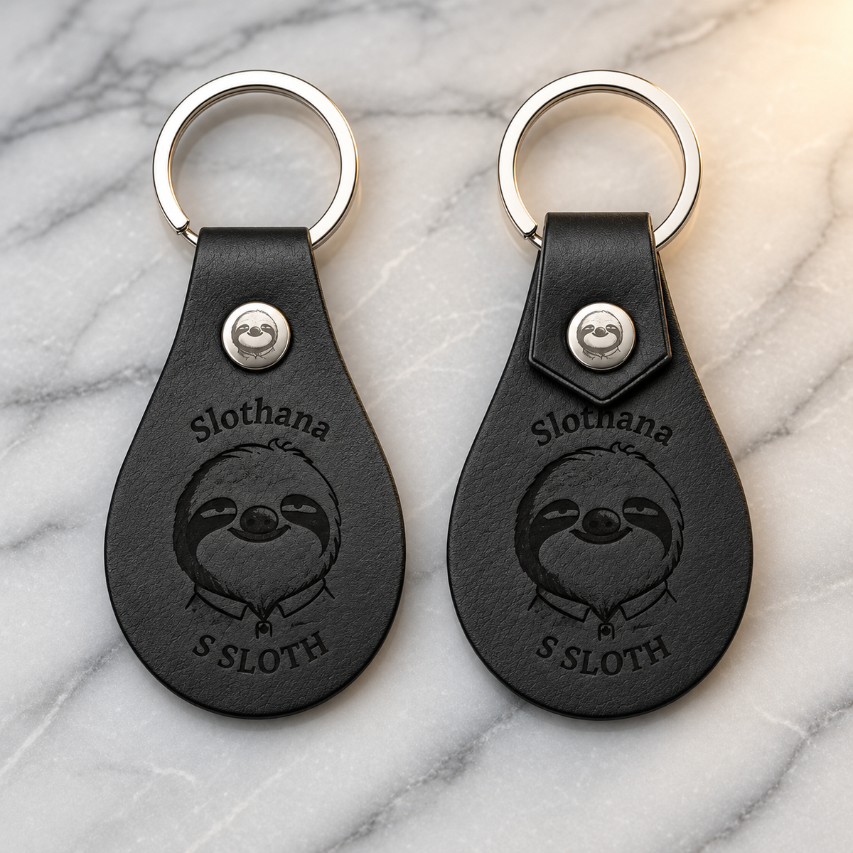 Schlüsselanhänger aus PU-Kunstleder – 53 × 32 mm – Slothana-Motiv Classic Sloth – graviert