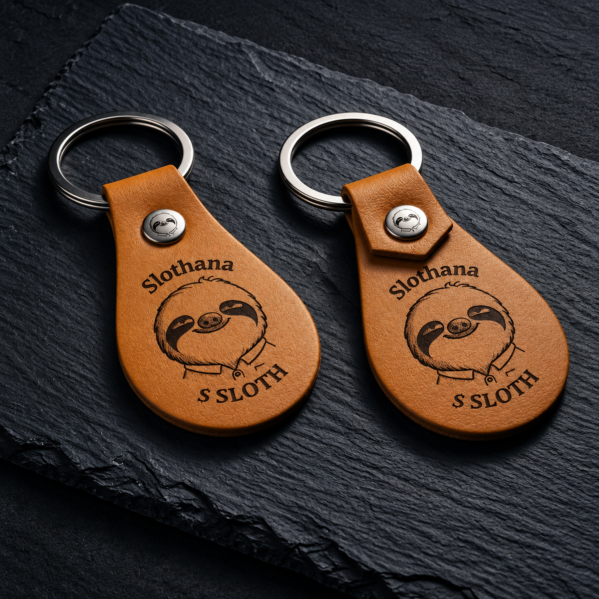 Schlüsselanhänger aus PU-Kunstleder – 53 × 32 mm – hellbraun – Slothana-Motiv Classic Sloth – graviert