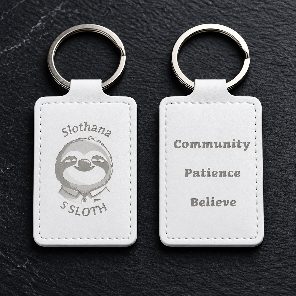 Klíčenka Slothana Community 65 × 40 mm – PU koženka, bílá, s gravírováním