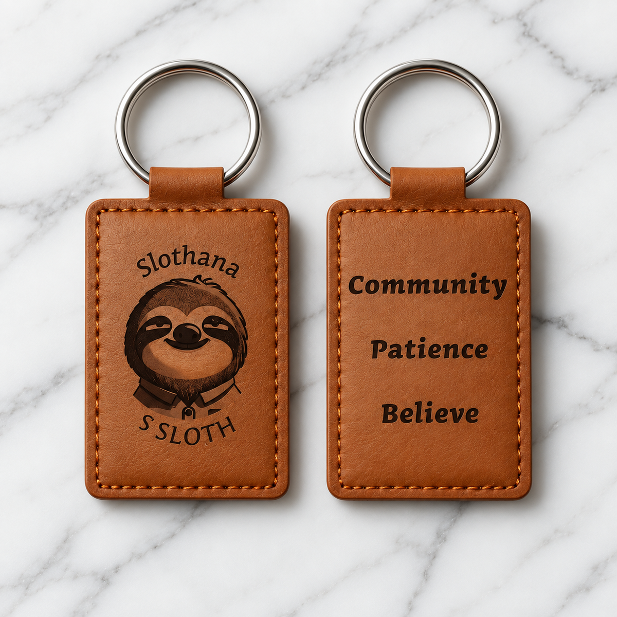 Klíčenka Slothana Community 65 × 40 mm – PU koženka, s gravírováním