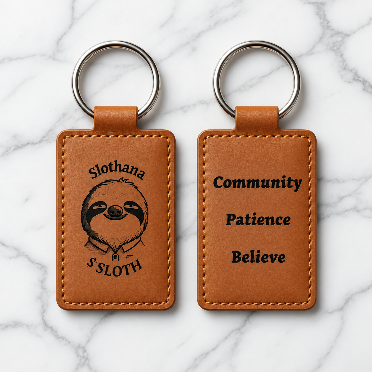 Klíčenka Slothana Community 65 × 40 mm – PU koženka, s gravírováním