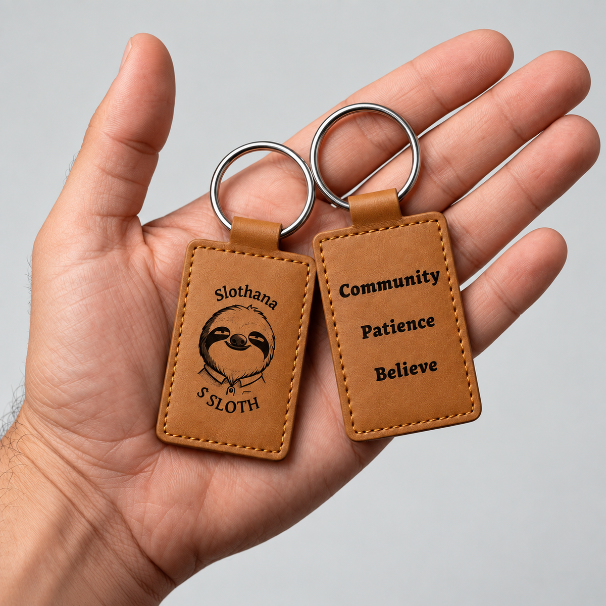 Klíčenka Slothana Community 65 × 40 mm – PU koženka, s gravírováním