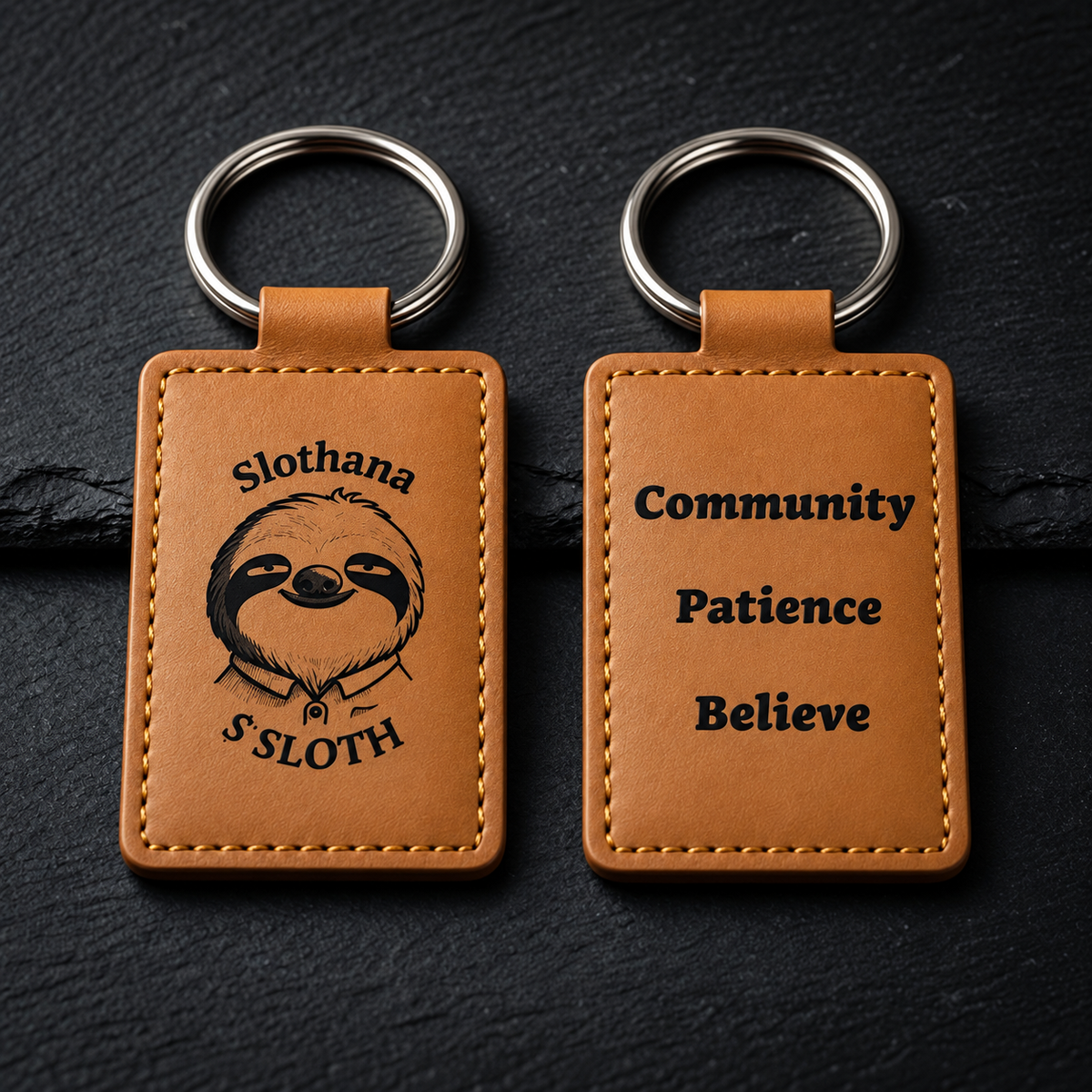 Klíčenka Slothana Community 65 × 40 mm – PU koženka, světle hnědá, s gravírováním