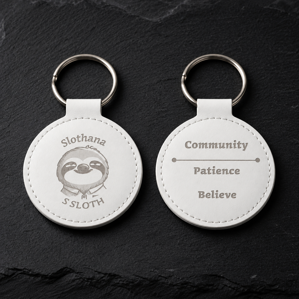 Round PU leatherette keyring – Ø 55 mm – white – Slothana Community motif – engraved