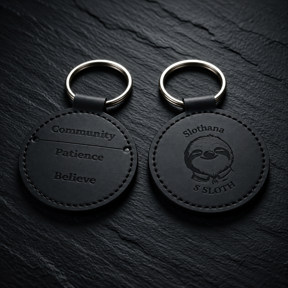 Round PU leatherette keyring – Ø 55 mm – black – Slothana Community motif – engraved