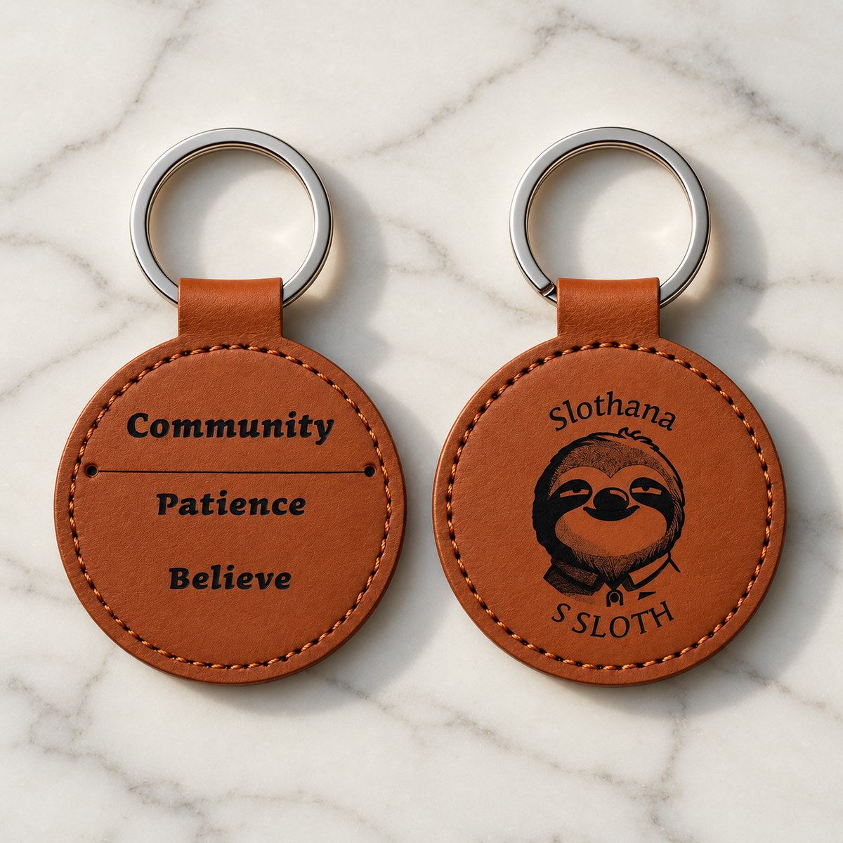 Round PU leatherette keyring – Ø 55 mm – Slothana Community motif – engraved