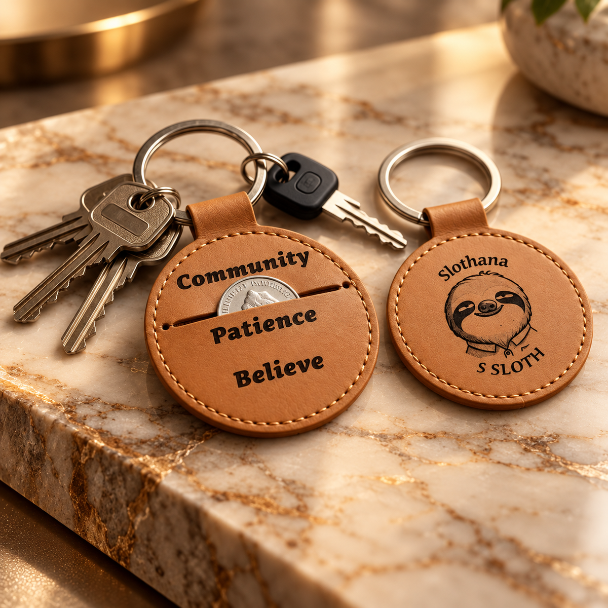 Round PU leatherette keyring – Ø 55 mm – Slothana Community motif – engraved