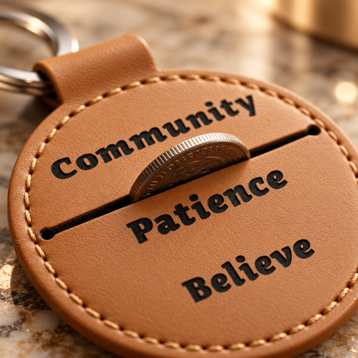 Round PU leatherette keyring – Ø 55 mm – Slothana Community motif – engraved