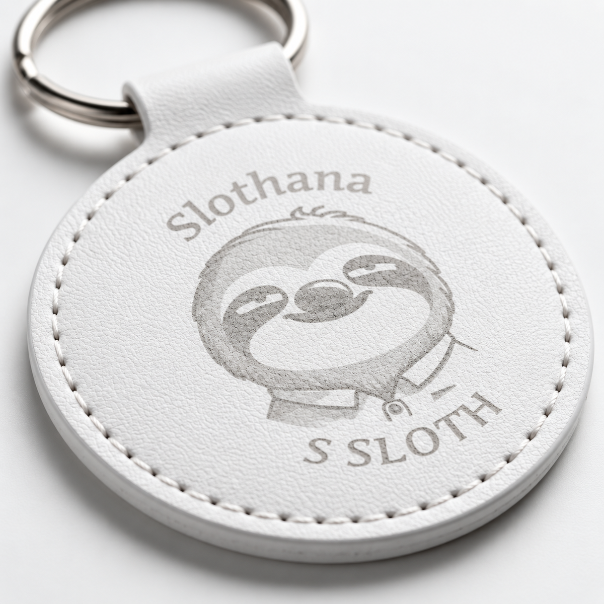 Round PU leatherette keyring – Ø 55 mm – Slothana Community motif – engraved