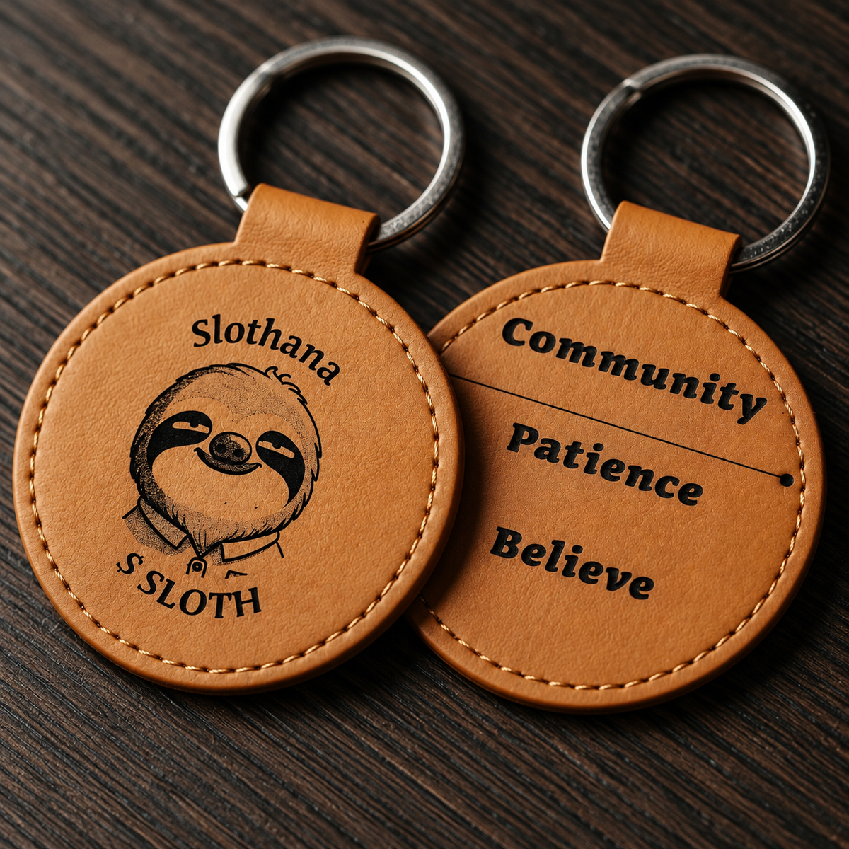 Round PU leatherette keyring – Ø 55 mm – Slothana Community motif – engraved