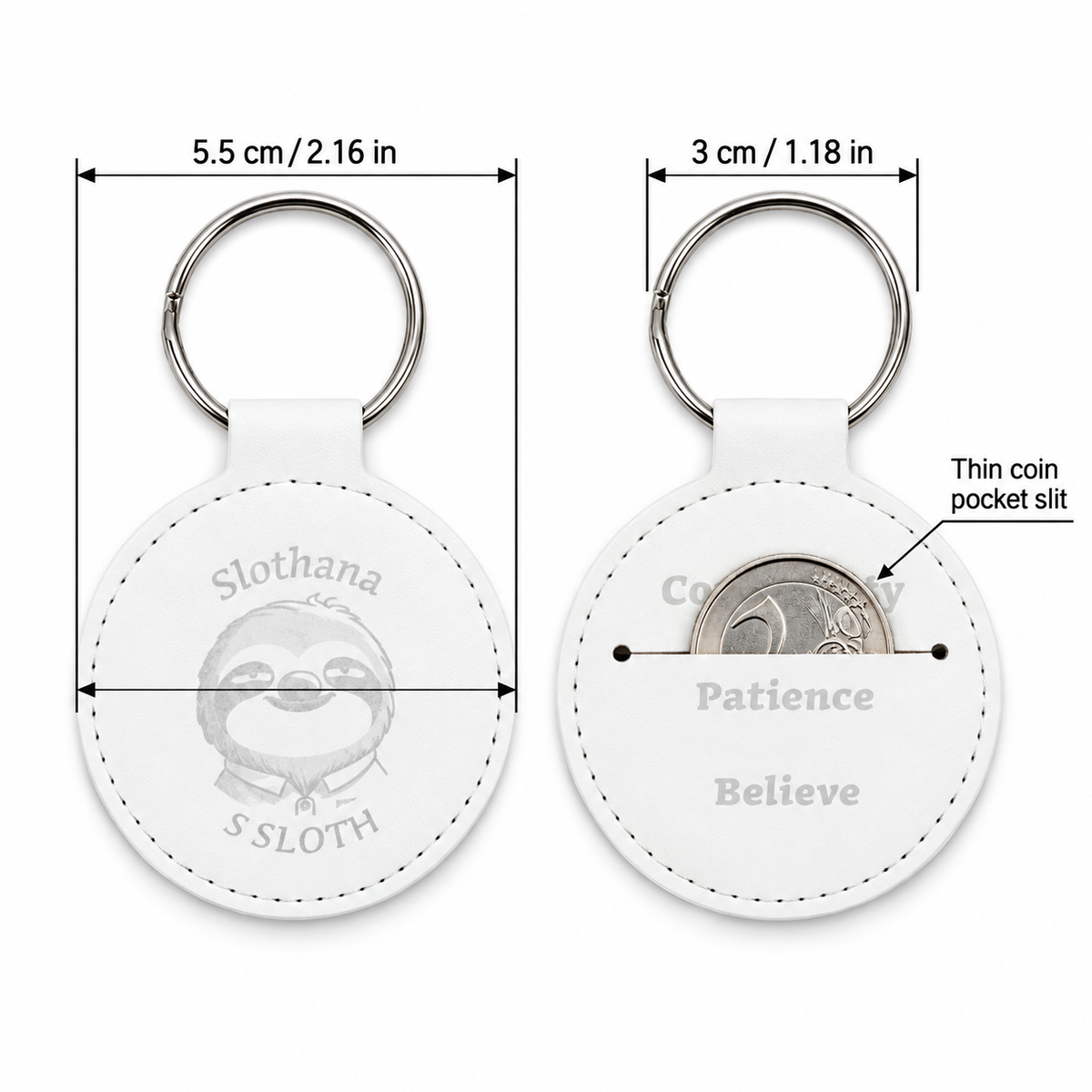 Round PU leatherette keyring – Ø 55 mm – Slothana Community motif – engraved