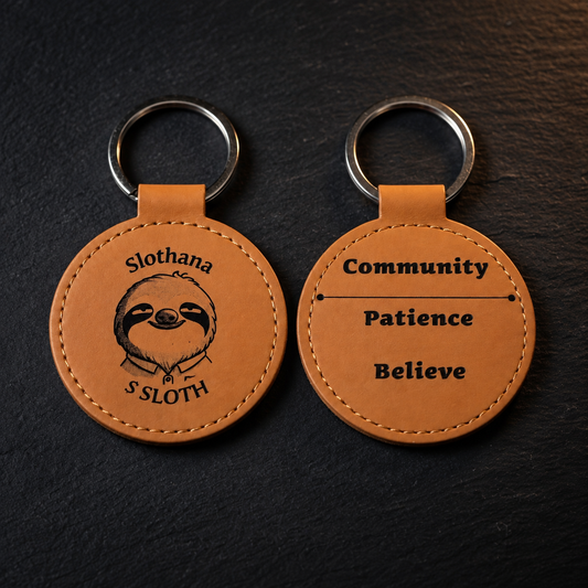 Round PU leatherette keyring – Ø 55 mm – light brown – Slothana Community motif – engraved