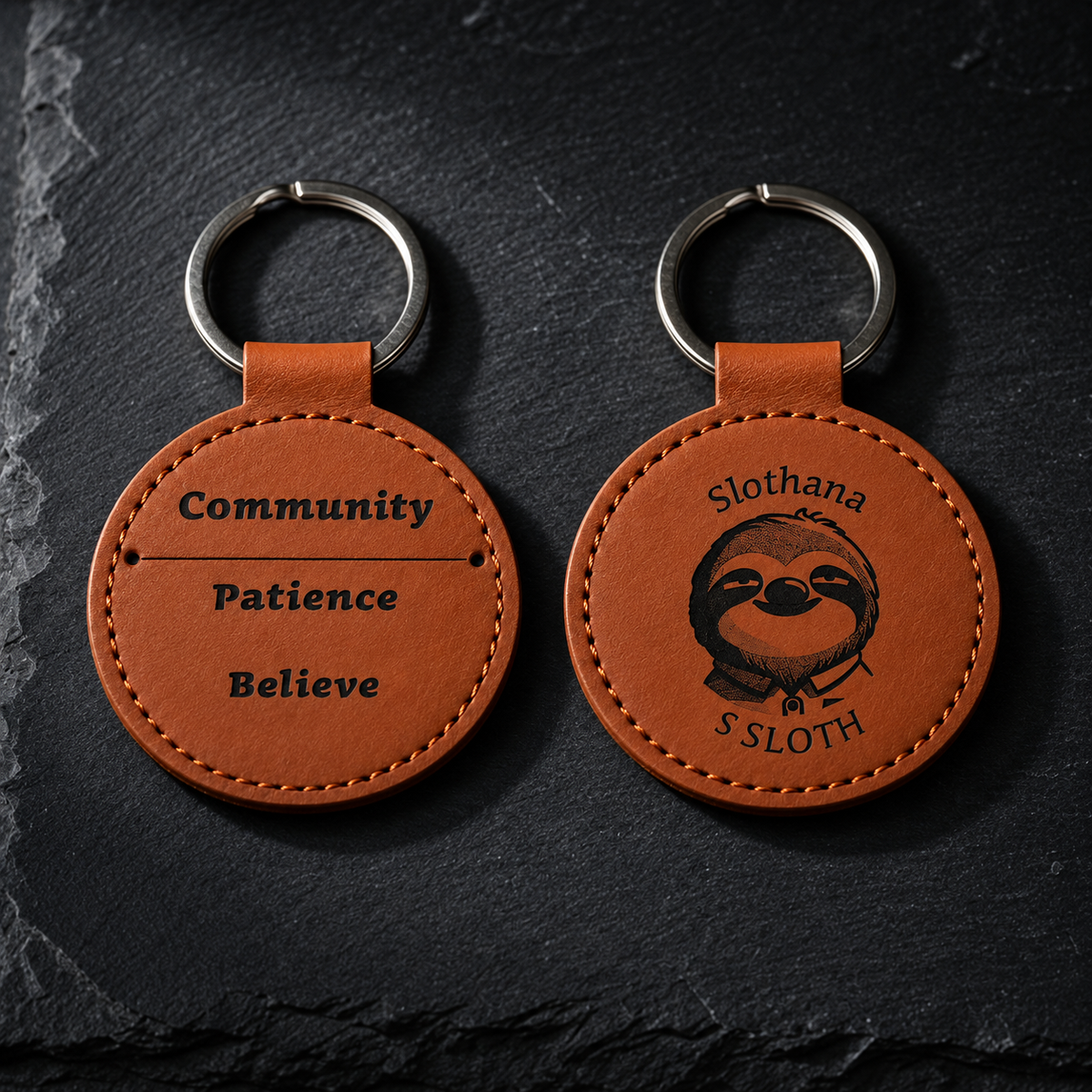 Round PU leatherette keyring – Ø 55 mm – dark brown – Slothana Community motif – engraved