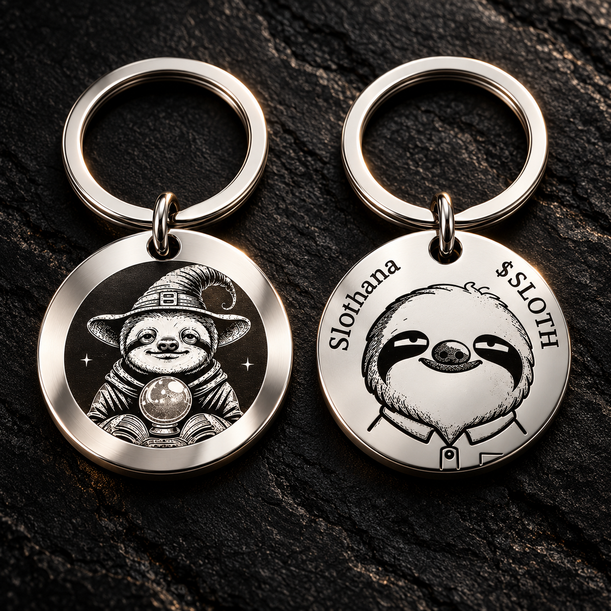 Schlüsselanhänger aus Edelstahl – 30 mm – Slothana-Motiv Sloth Wizard – mit Gravur