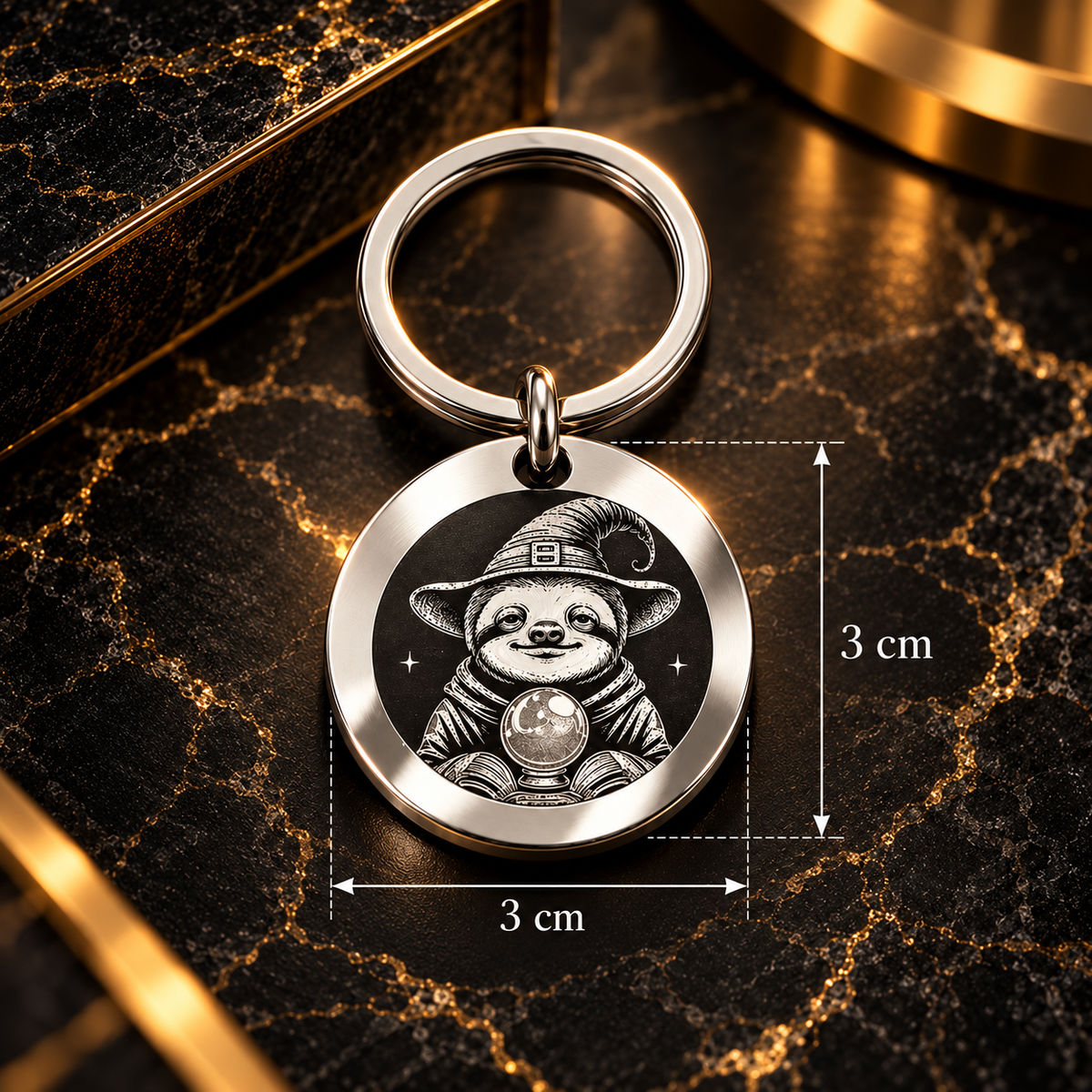 Runder Schlüsselanhänger aus Edelstahl – Ø 30 mm – Slothana-Motiv Sloth Wizard – mit Gravur