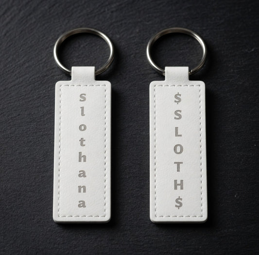 PU leatherette keyring – 79 × 25 mm – white – Slothana SLOTHANA motif – engraved
