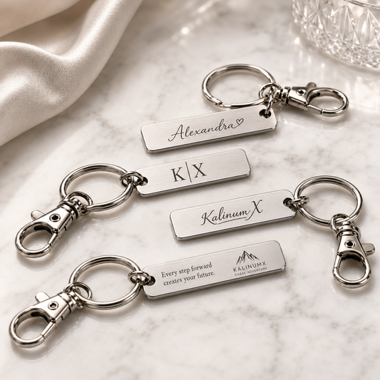 Slim stainless steel keyring – 50 × 10 × 1 mm – silver – engraved