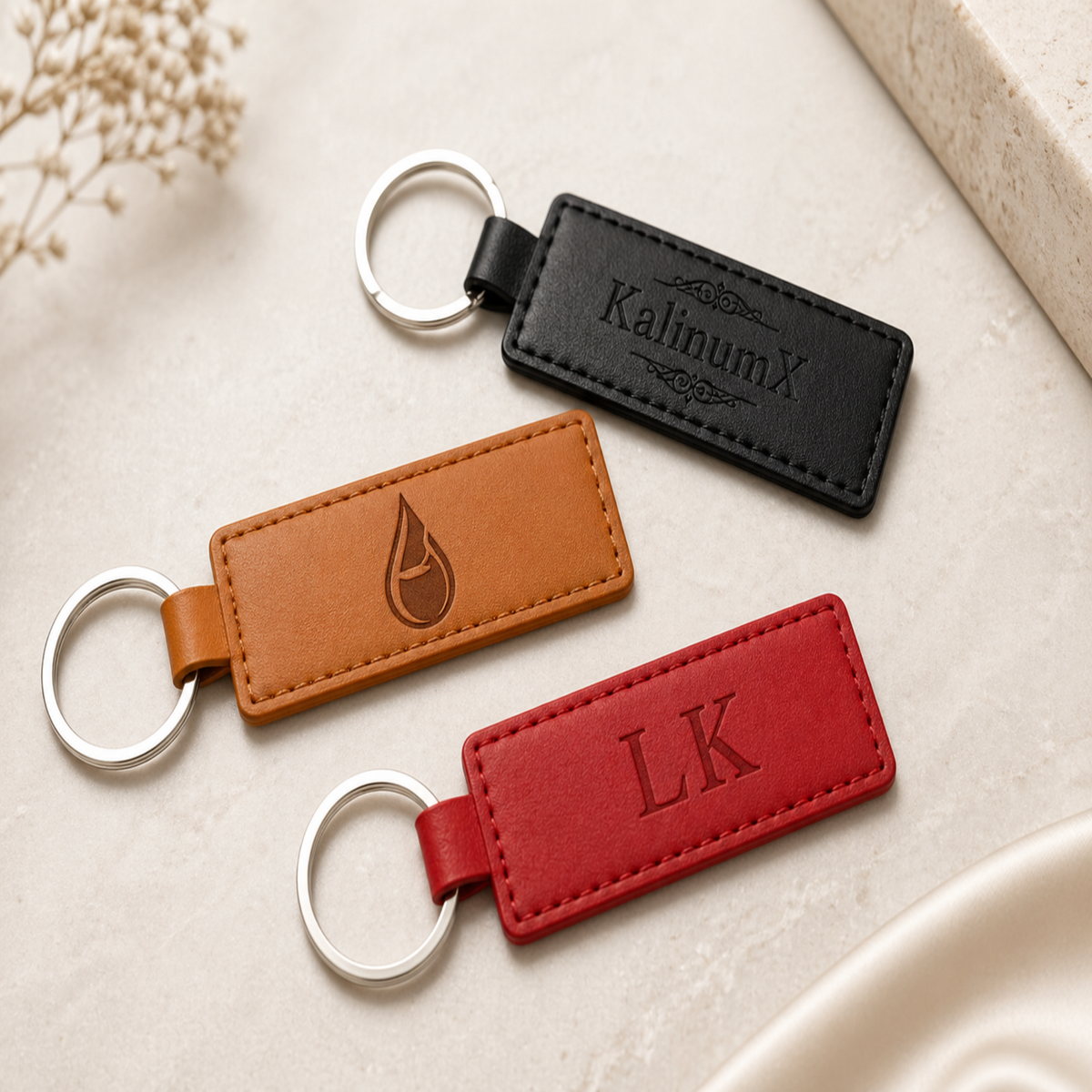 PU leatherette keyring – 79 × 25 mm – engraved