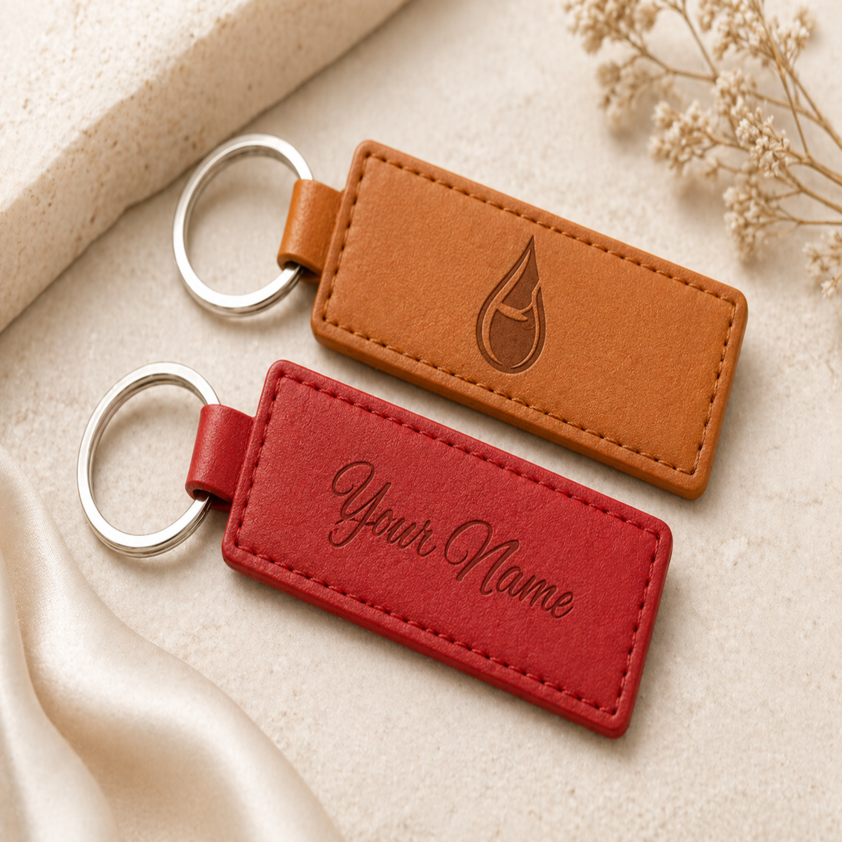 Slim PU leatherette keyring – 79 × 25 mm – engraved