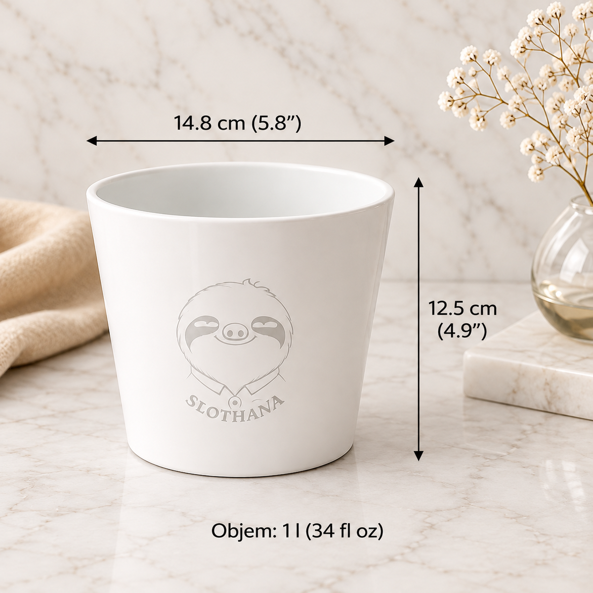 White Slothana ceramic flowerpot – 1 l – finished SLOTHANA design
