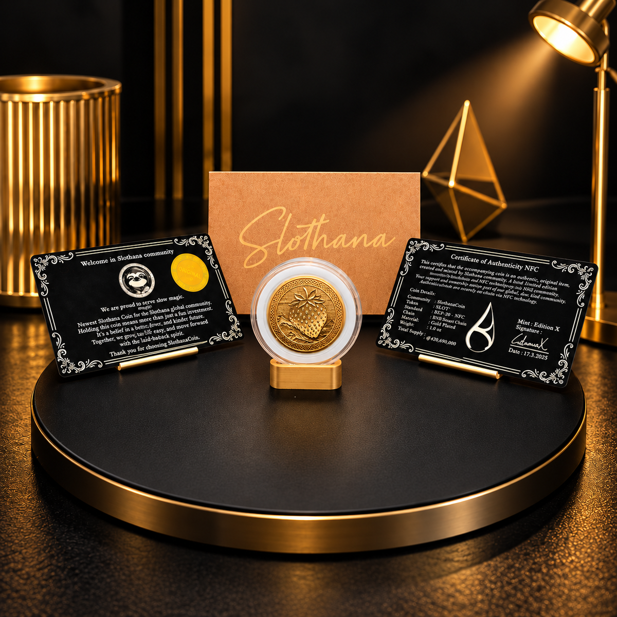 Slothana collector coin – Sloth in a Lambo & Strawberry – brass