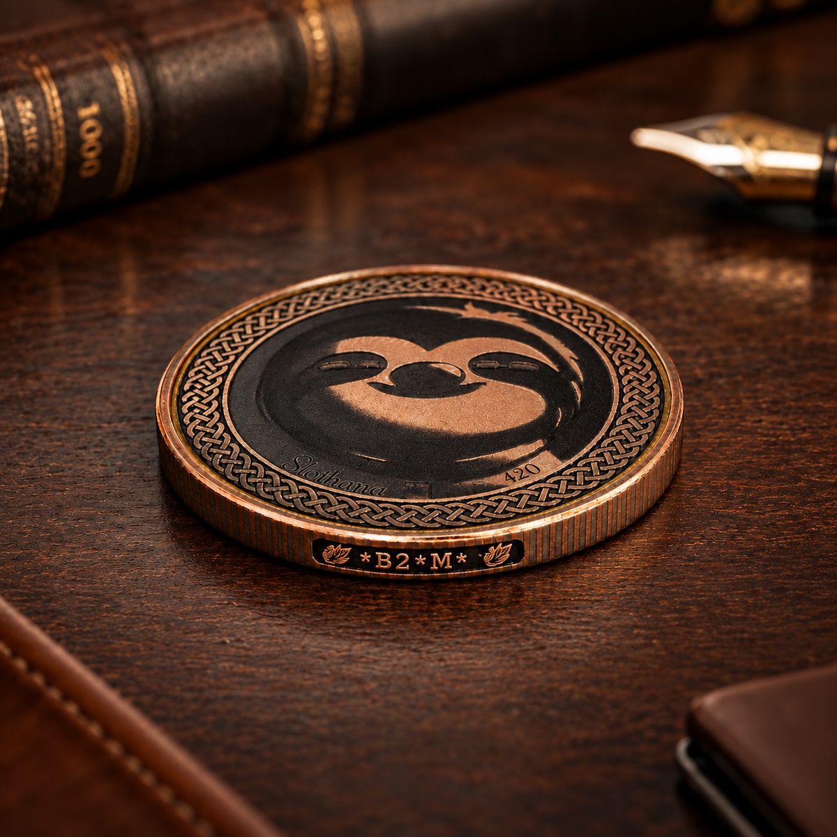 Slothana collector coin – Suit, Lambo & Straw – electroplated metal