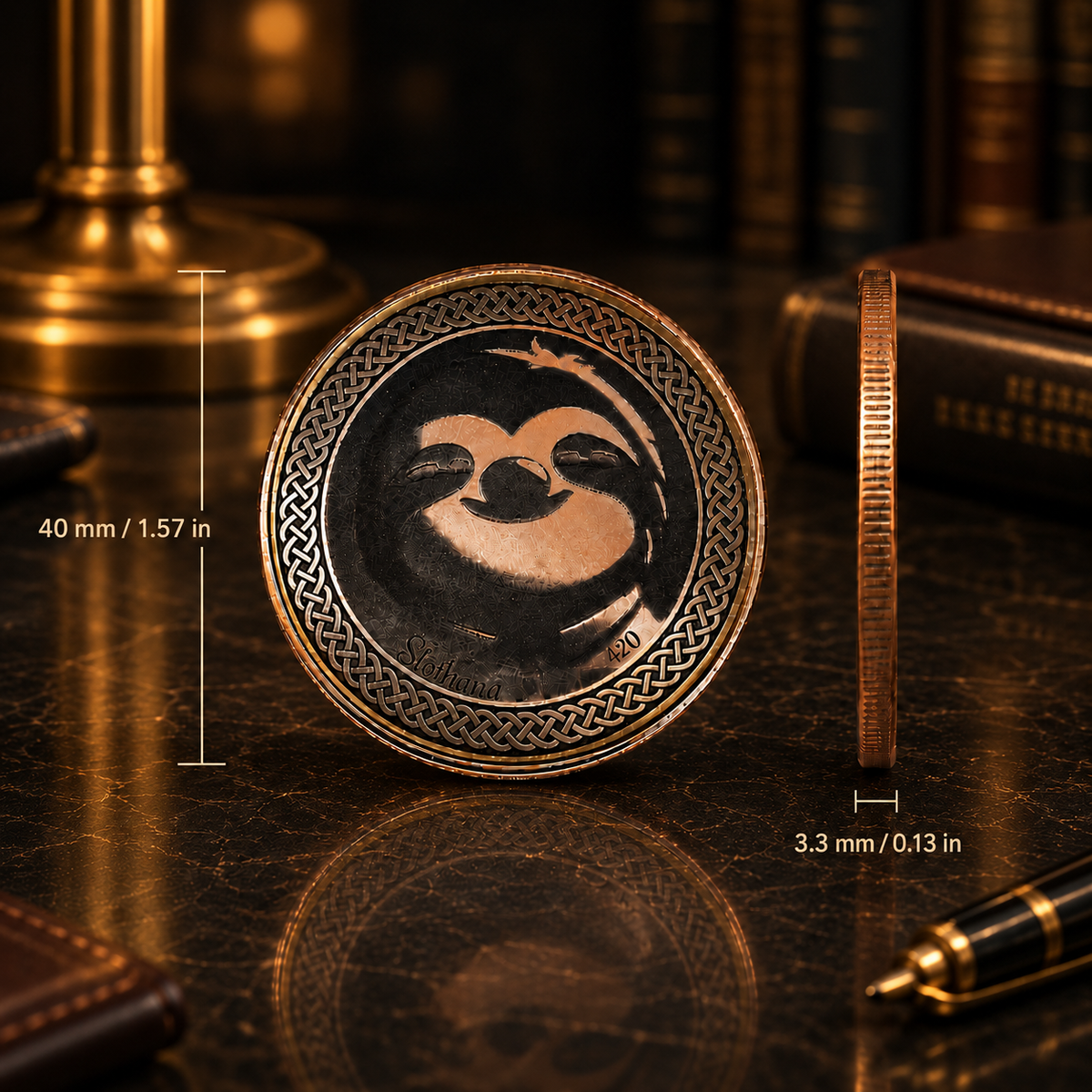 Slothana collector coin – Suit, Lambo & Straw – electroplated metal