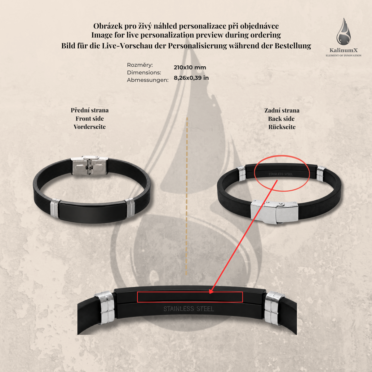Silicone bracelet with stainless steel plate – smooth plate, black, KalinumX