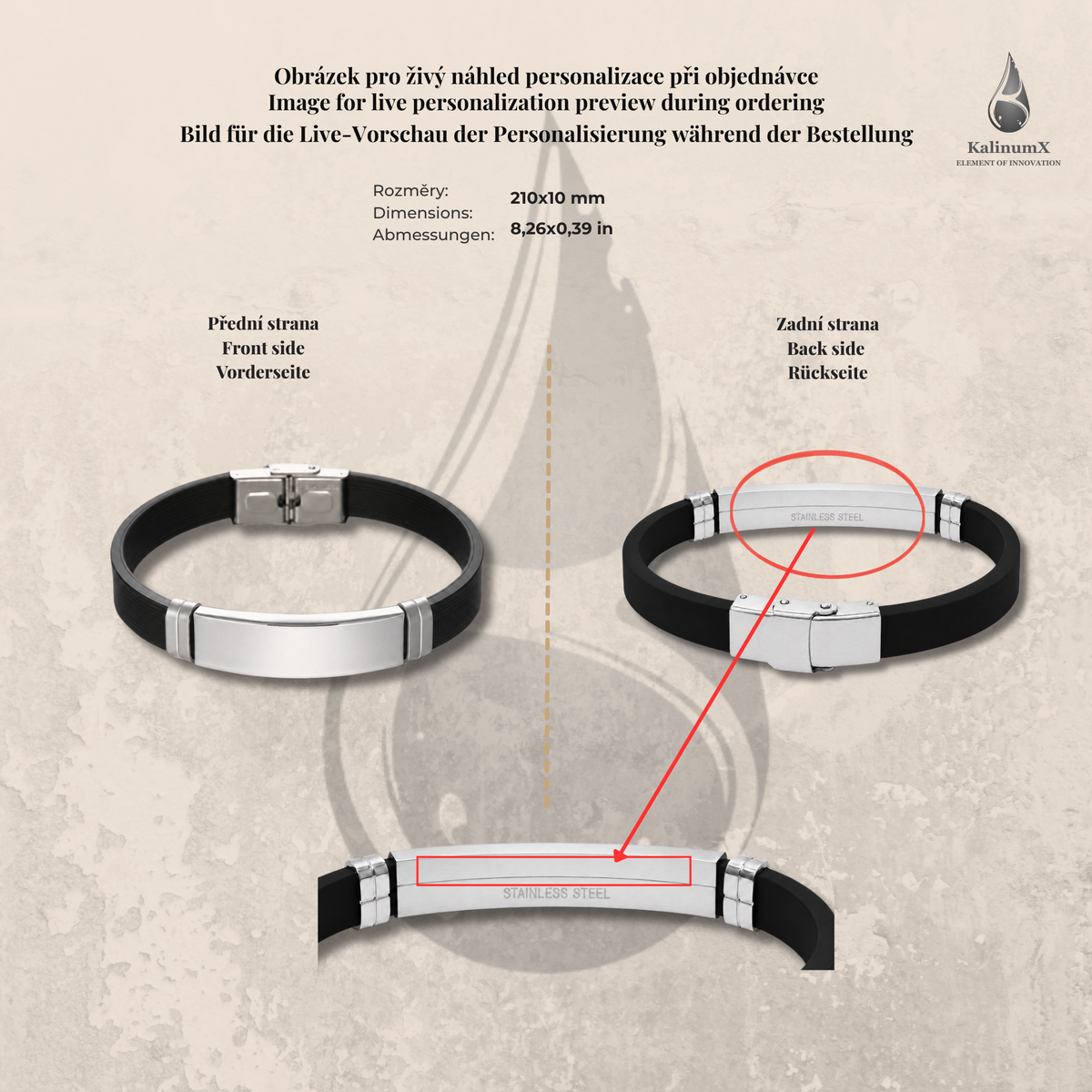 Silicone bracelet with stainless steel plate – smooth plate, silver-tone, KalinumX