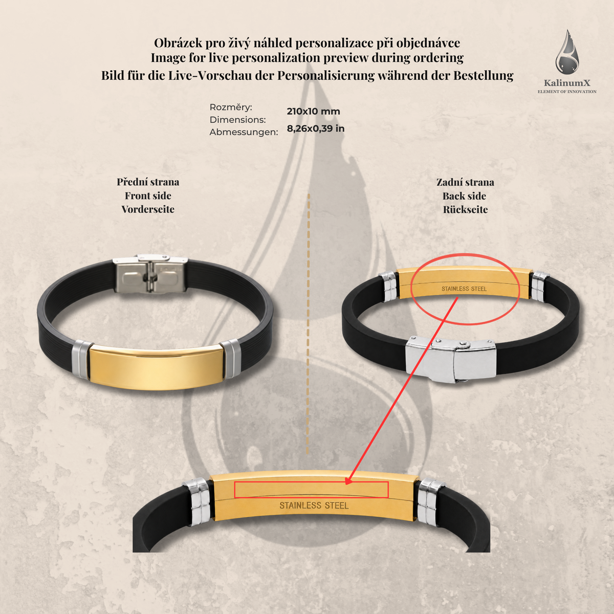 Silicone bracelet with stainless steel plate – smooth plate, gold-tone, KalinumX