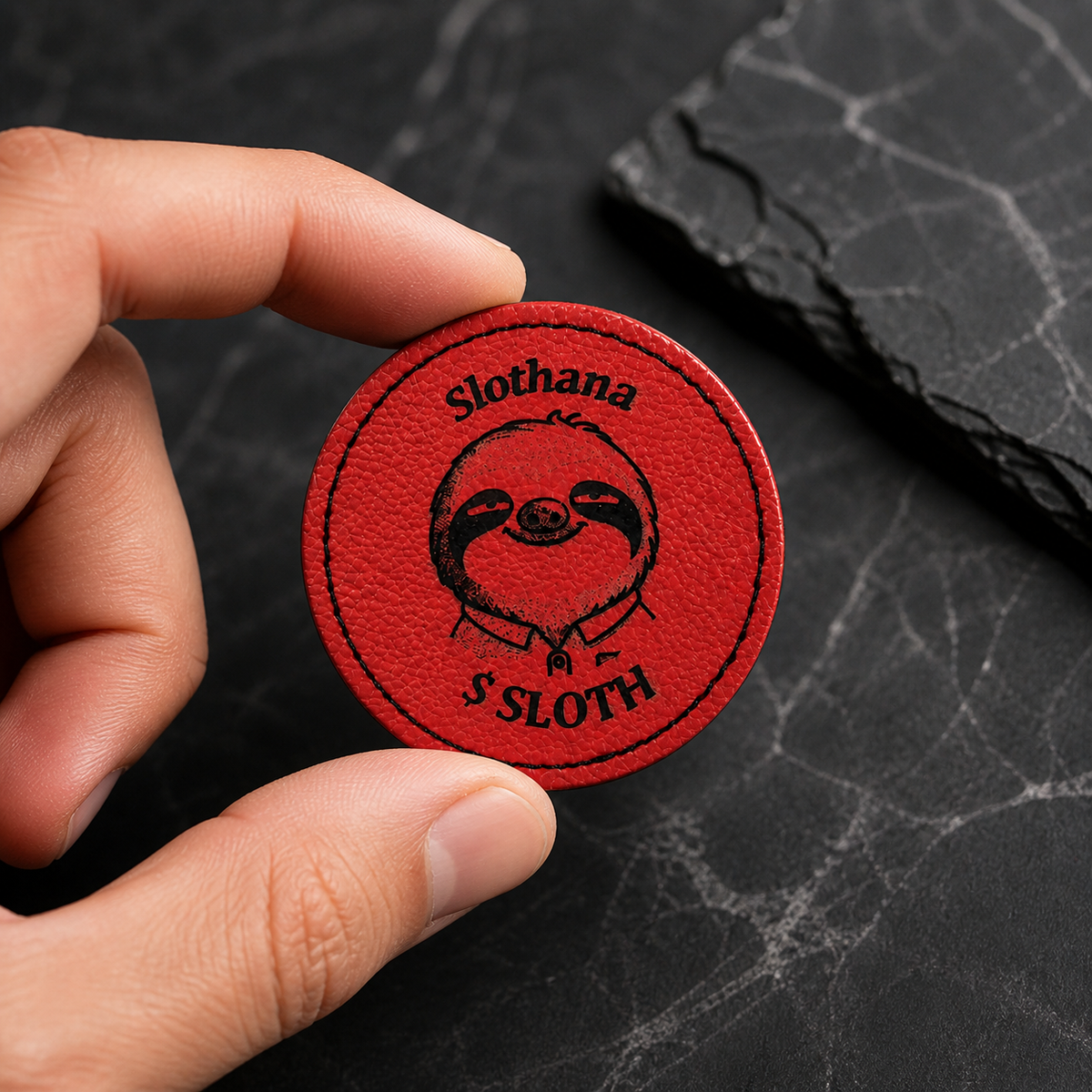 Slothana PU leather patch – round – Classic Sloth – 63 mm