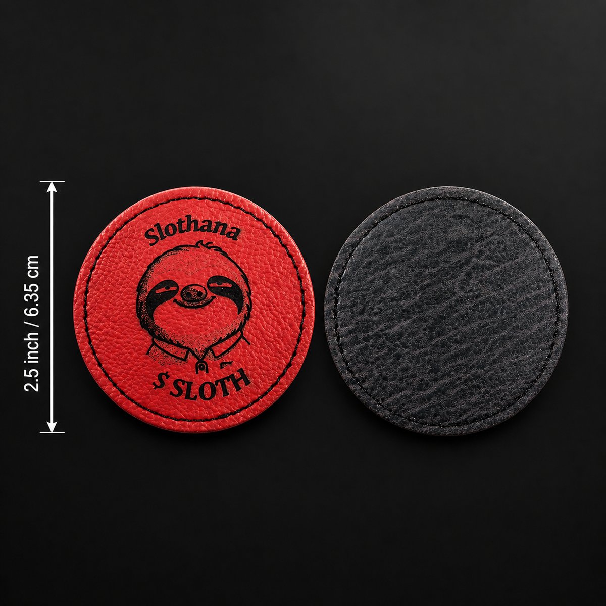 Slothana PU leather patch – round – Classic Sloth – 63 mm – red