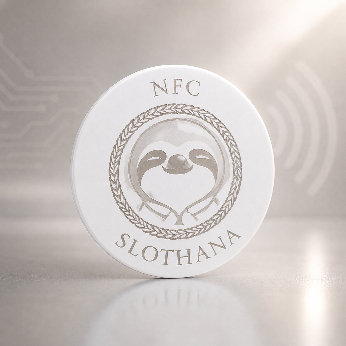 Slothana-NFC-Aufkleber, Ø 25 mm, mit fertiger SLOTHANA-Gravur – weiß