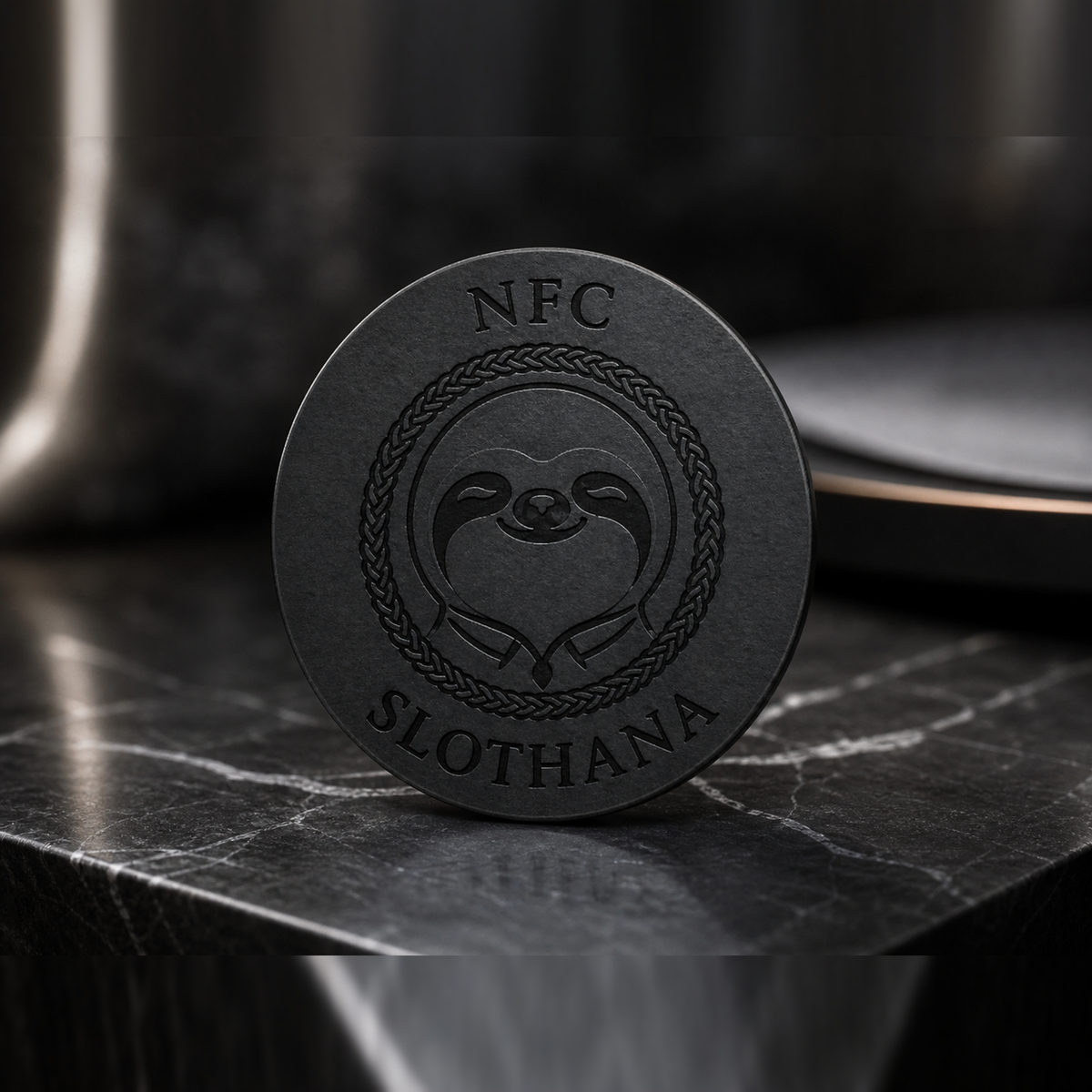Slothana-NFC-Aufkleber, Ø 25 mm, mit fertiger SLOTHANA-Gravur – schwarz