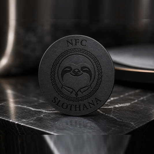 Slothana NFC sticker, 25 mm, with finished SLOTHANA engraving – black