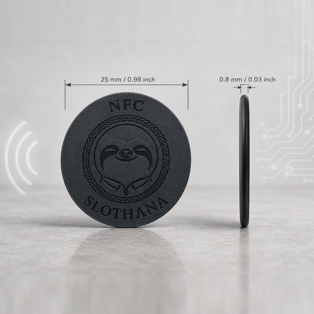 Slothana-NFC-Aufkleber, Ø 25 mm, mit fertiger SLOTHANA-Gravur