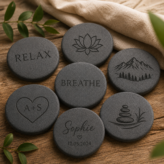 Natural black and white pebble, 50 mm, with engraving
