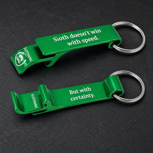 Aluminium bottle opener – 65 × 12 × 12 mm – green – Slothana: Certainty Sloth – engraving detail