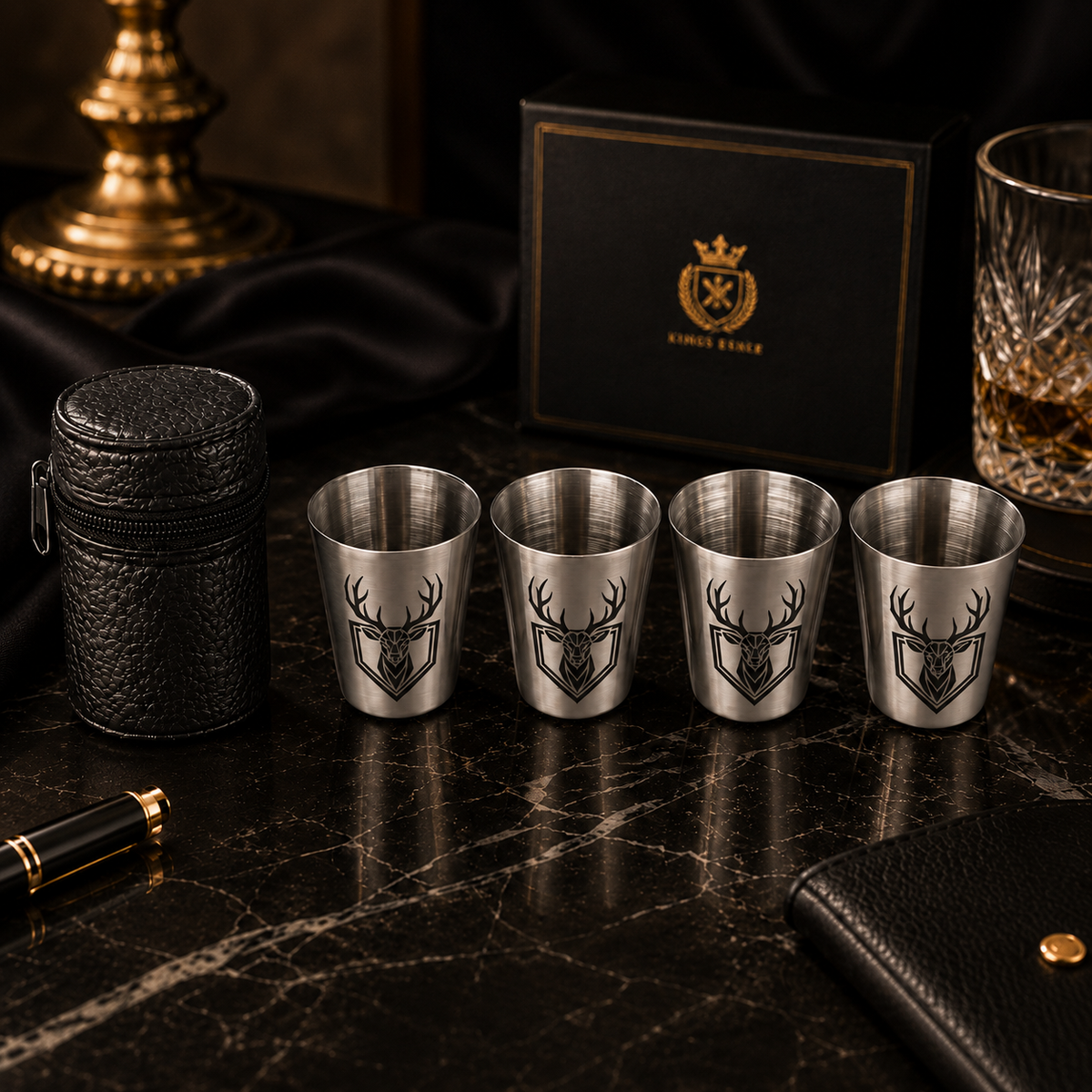 Dárková sada s placatkou 210 ml – nerezová, černá, s gravírováním