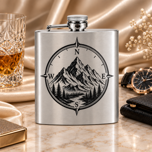 Hip flask, 210 ml, stainless steel, silver-tone, with engraving